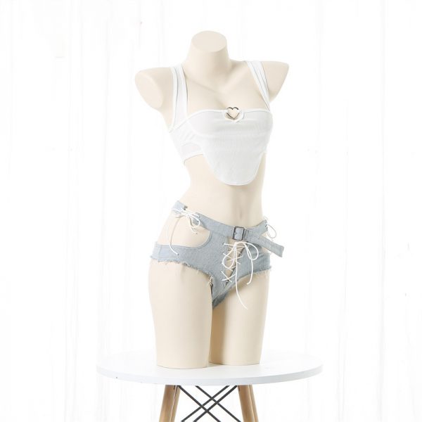 Pure Color Tank Top Hollow Out Denim Shorts Lingerie Set - Modakawa Modakawa