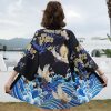 Vintage Crane Blossom Print Cardigan Kimono Outerwear - Modakawa modakawa