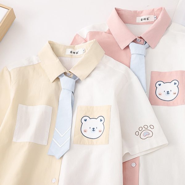 Cartoon Bear Print Colorblock Pocket Tie T-Shirt - Modakawa modakawa