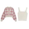 Colorblock Rhombus Print Cardigan Sweater Tank Top Two Pieces Set - Modakawa Modakawa