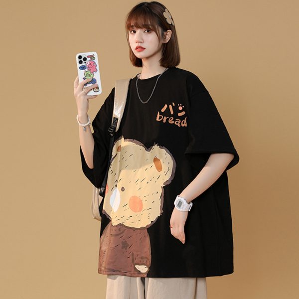 Cartoon Bear Print Round Collar Casual T-Shirt - Modakawa Modakawa